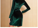 Green Velvet V-Neck Long Sleeve Draped Evening Mini Dress, ibuyxi.com
