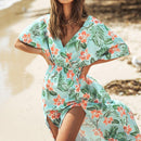 Green Tropical Floral Print Maxi Dress For Women Sexy V-neck Short Sleeve A-line Holiday Beach Dress Summer Female Sundress, ibuyxi.com