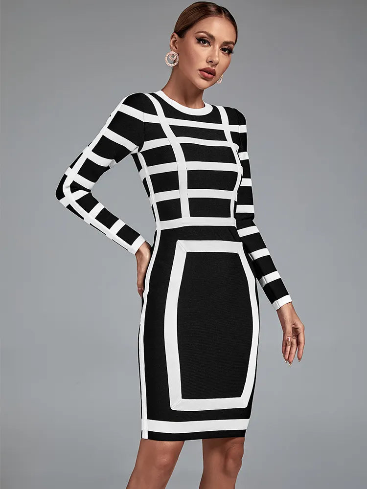 Elegant Black And White Long Sleeve Midi Dress, iBuyxi.com