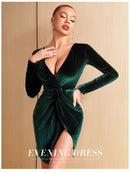 Green Velvet V-Neck Long Sleeve Draped Evening Mini Dress, ibuyxi.com