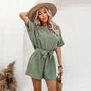 Black Belted Backless Romper For Women Sexy Boat Neck Short Sleeve Short Playsuit 2023 Spring Summer Bodysuit Jumpsuit Overalls, ibuyxi.com