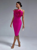 Elegant Pink Feather Midi Bandage Bodycon Dress, ibuyxi.com