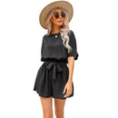 Black Belted Backless Romper For Women Sexy Boat Neck Short Sleeve Short Playsuit 2023 Spring Summer Bodysuit Jumpsuit Overalls, ibuyxi.com