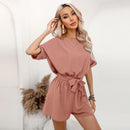 Black Belted Backless Romper For Women Sexy Boat Neck Short Sleeve Short Playsuit 2023 Spring Summer Bodysuit Jumpsuit Overalls, ibuyxi.com