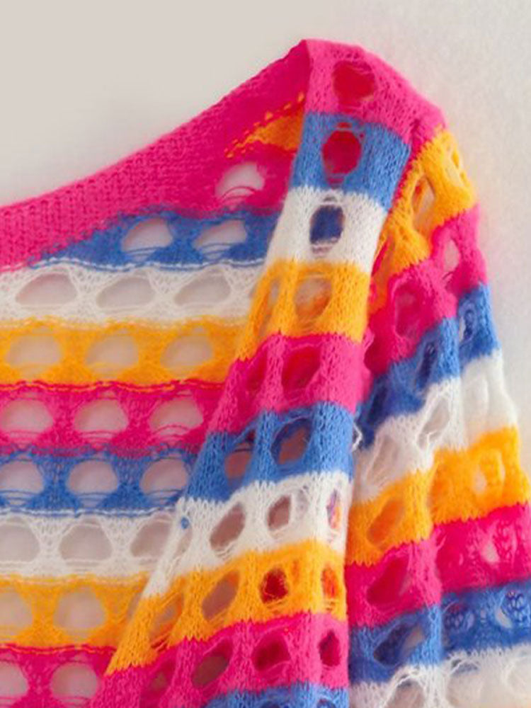 Long Sleeve Colorful Contrast Hollow Knit Maxi Dress, ibuyxi.com