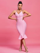 Spaghetti Strap Mermaid Bodycon Pink Ribbed Midi Evening Dress, iBuyXi.com