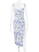 Motion Elegant Blue Print Split Midi Bodycon Dress, ibuyxi.com