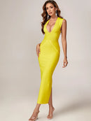 Elegant Yellow Deep V Neck Bandage Dress, ibuyxi.com