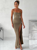 Articat Drawstring High Slit Dress Women Sexy One Shoulder Slim Elastic Maxi Bodycon Party Pleated Vestidos Female Dresses, ibuyxi.com