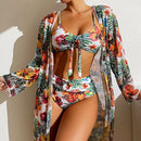 Floral Printed Three Piece Swimsuit Bikini Set, ibuyxi.com