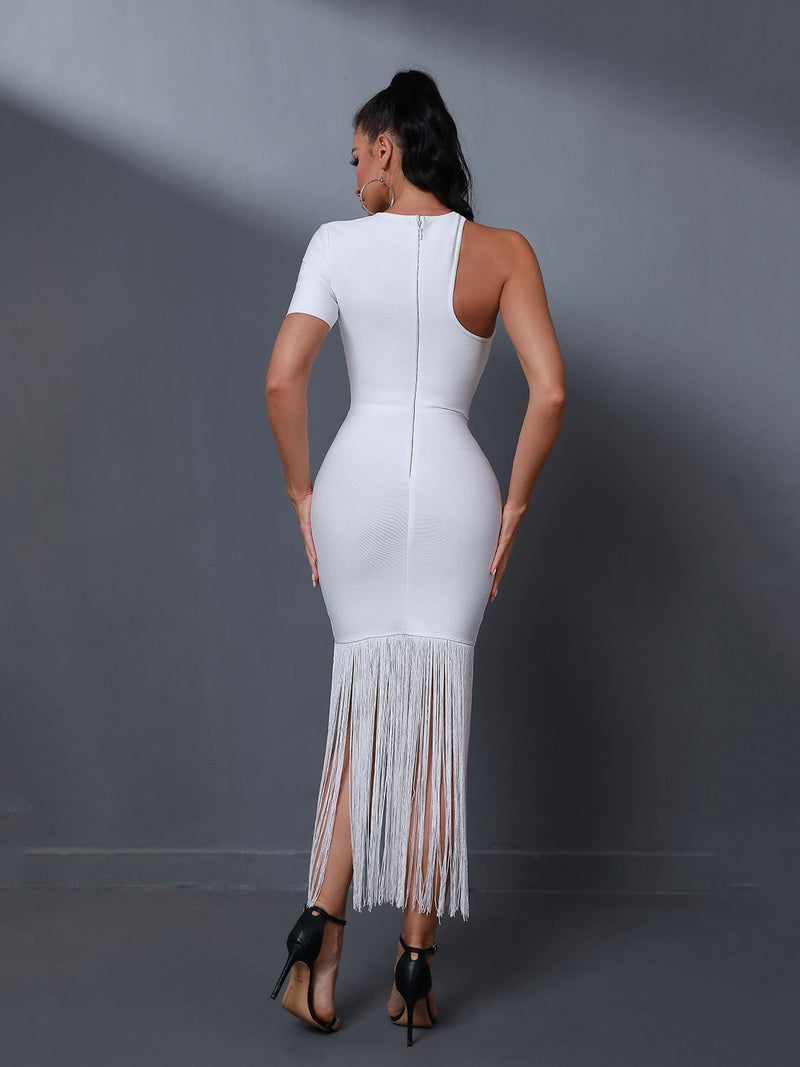 Ruffled White Long Bodycon Tassel Outfit, ibuyxi.com