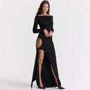 Hollow Out Slash Neck Split Off-Shoulder Full Sleeve Bodycon Maxi Dress, ibuyxi.com