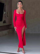 Long Sleeve Ruched High Split Maxi Bodycon Dress, ibuyxi.com