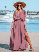 Orange Surplice Ruched Maxi Dress For Women Sexy Elasticized Waist Short Sleeve Long A-line Beach Dress 2023 Summer Sundress, ibuyxi.com