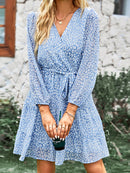 Blue Leopard Print V-neck Chiffon Mini Dress For Women Sexy Lace Up Short Sleeve A-line Dress 2023 Summer Female Dress, ibuyxi.com
