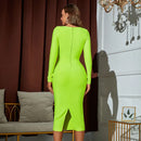 Elegant Green Square Collar Long Sleeve Midi Dress, ibuyxi.com