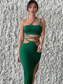 Oblique Shoulder Strap Crop Top and Split Skirt Dress, ibuyxi.com
