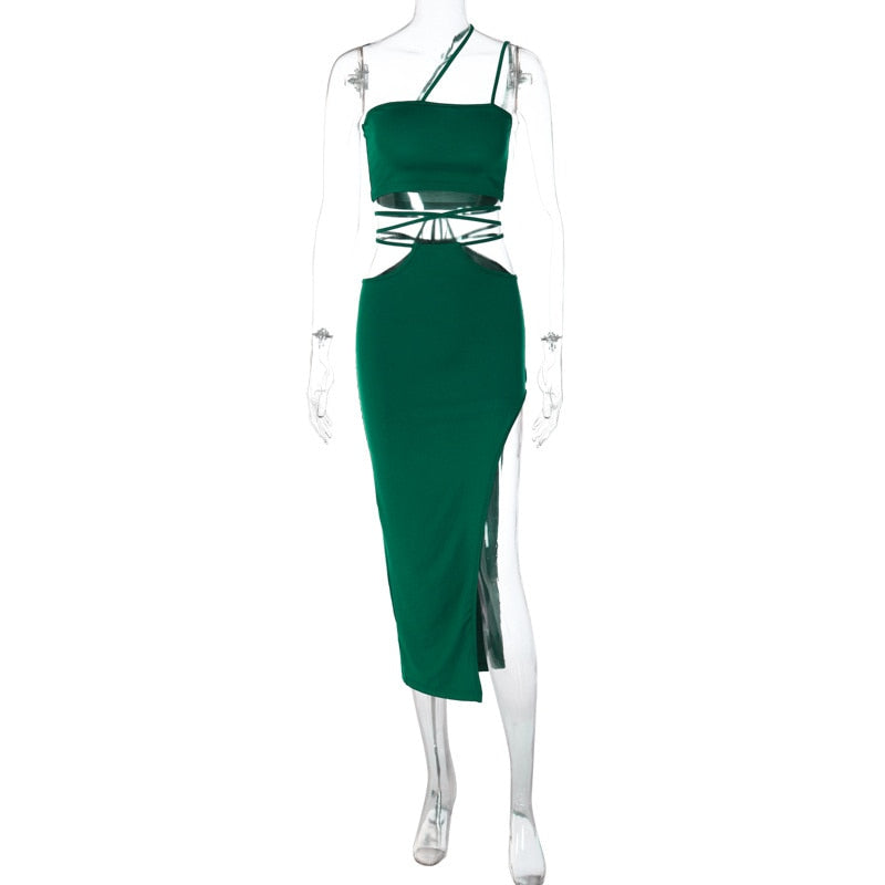 Oblique Shoulder Strap Crop Top and Split Skirt Dress, ibuyxi.com