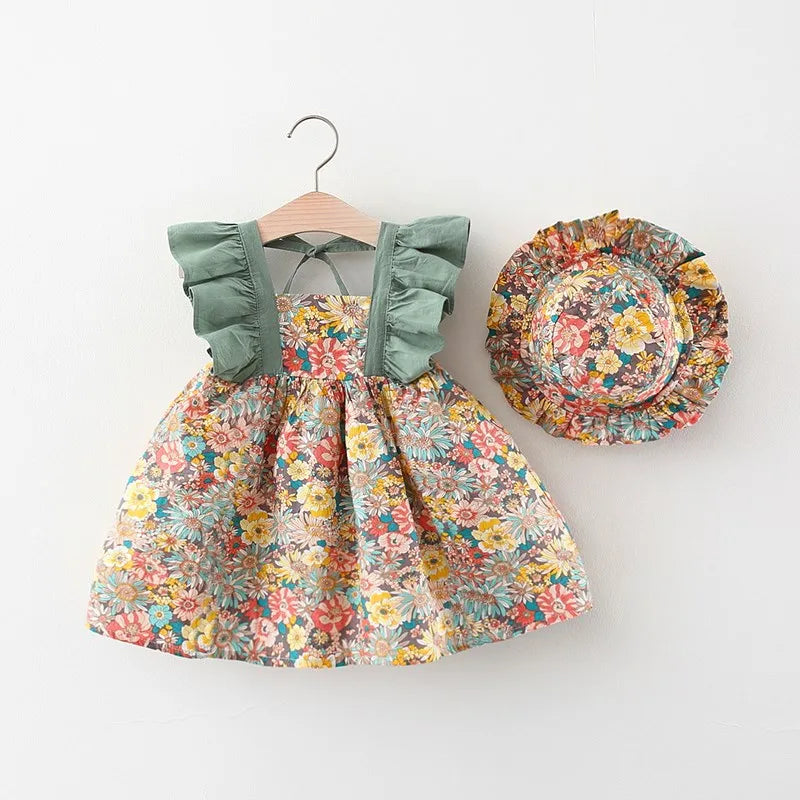 Madeline Baby Girls Vintage Floral Summer Dress Set Green / 8(12-18M)