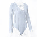 Bandage Tie Front Long Sleeve Ribbed Knit Solid Bodysuit, ibuyxi.com