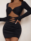 Hollow Out Ruched Strapless Full Sleeve Bodycon Party Mini Dress, ibuyxi.com