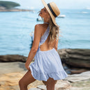 Blue Scalloped Lace Halter Mini Dress For Women Sexy V-neck Backless Beach Holiday A-line Dress 2023 Summer Sundress, ibuyxi.com