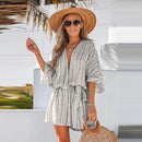 Striped Belted Surplice Neck Romper For Women Sexy Dolman Sleeve Short Playsuit One-piece 2023 Bodysuit Jumpsuit Overalls, ibuyxi.com