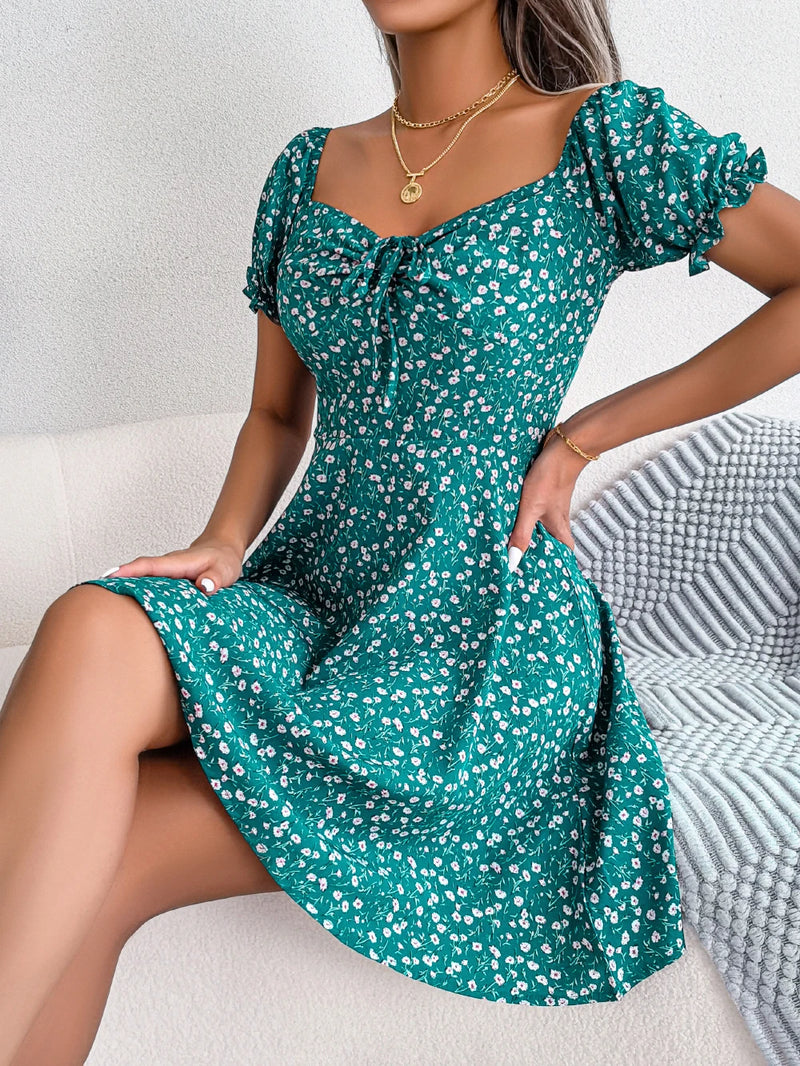 Ruffles Short Sleeve Floral Print A Line Dress