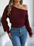 Off Shoulder Long Sleeved Knitted Pullover Sweater