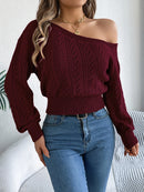 Off Shoulder Long Sleeved Knitted Pullover Sweater