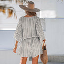 Striped Belted Surplice Neck Romper For Women Sexy Dolman Sleeve Short Playsuit One-piece 2023 Bodysuit Jumpsuit Overalls, ibuyxi.com