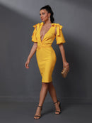 Draped Deep V Neck Yellow Bodycon Outfit, ibuyxi.com