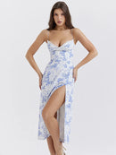 Motion Elegant Blue Print Split Midi Bodycon Dress, ibuyxi.com