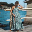 Green Tropical Leaf Print Halter Maxi Dress For Women Sexy Elasticized Waist Long Beach Holiday A-line Dress Summer Sundress, ibuyxi.com