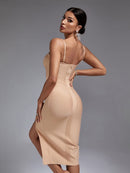 Nude Crystal Midi Bodycon Elegant Dress, ibuyxi.com