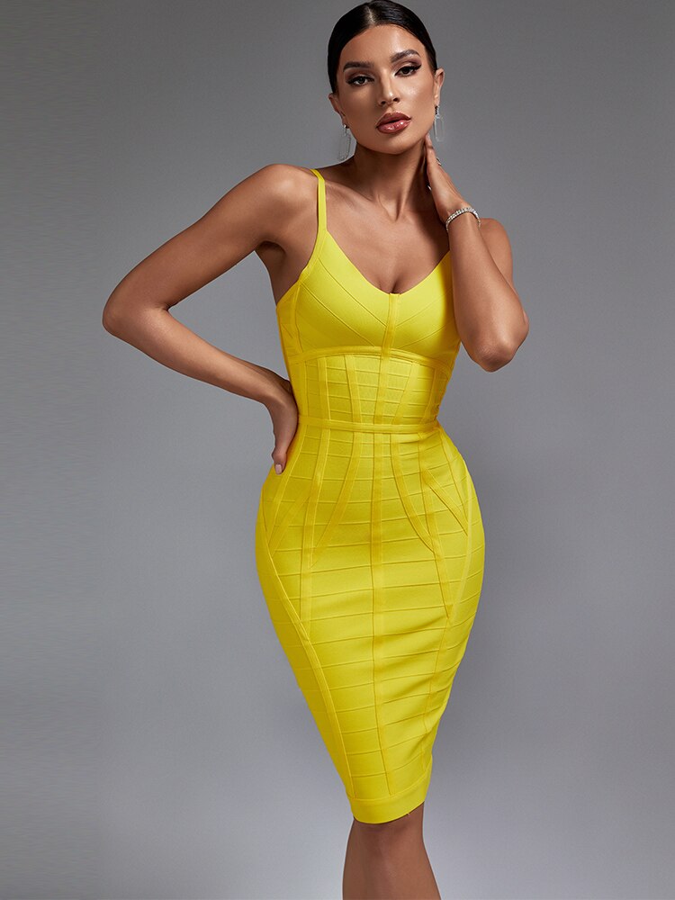 Elegant Ribbed Yellow Strap Bodycon Dress, ibuyxi.com