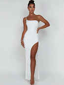 Articat Drawstring High Slit Dress Women Sexy One Shoulder Slim Elastic Maxi Bodycon Party Pleated Vestidos Female Dresses, ibuyxi.com