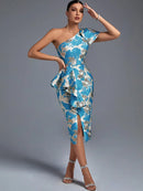 Elegant Blue One Shoulder Midi Bodycon Dress, ibuyxi.com
