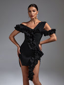 Black Ruffle One Shoulder Bodycon Dress, ibuyxi.com
