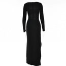 Articat Sexy Hollow Out Ruched Women Dress Red Long Sleeve High Slit Maxi Dress Female Autumn Skinny Elegant Party Clubwear 2022, ibuyxi.com
