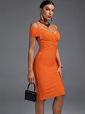 Elegant Orange Off Shoulder Midi Outfit, ibuyxi.com