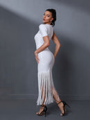 Ruffled White Long Bodycon Tassel Outfit, ibuyxi.com