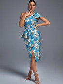Elegant Blue One Shoulder Midi Bodycon Dress, ibuyxi.com