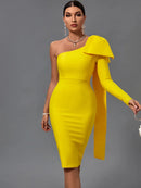 Long Sleeve Bandage Dress 2022 New Womens Yellow Bandage Dress Elegant Sexy Bowknot Evening Club Party Dress High Quality Summer