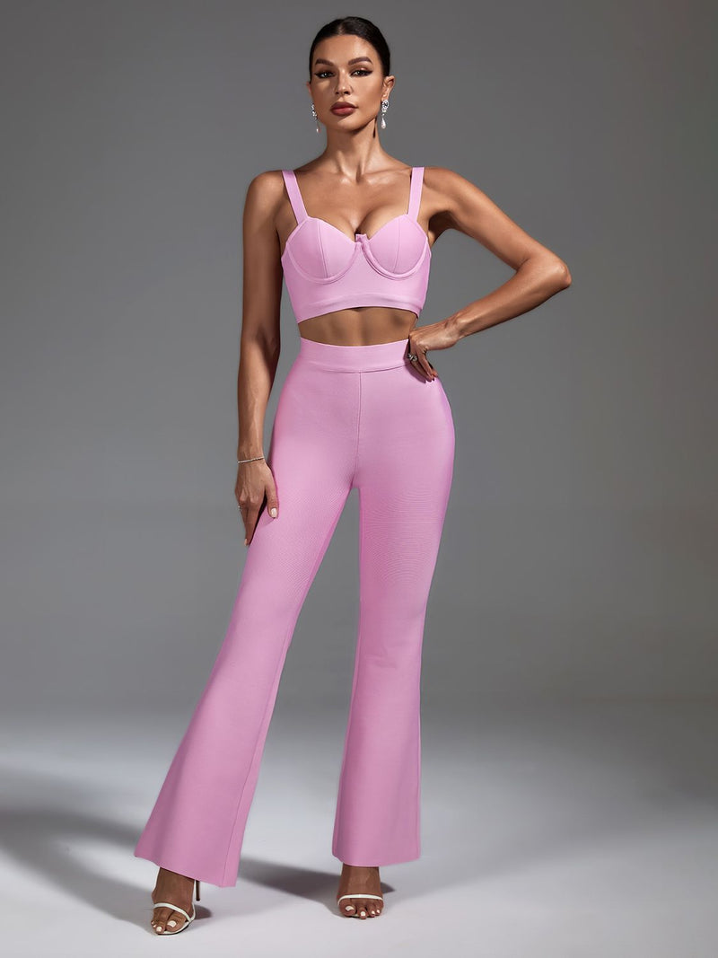 Two Piece Pink Top and Pants with Wide Leg Outfit, ibuyxi.com