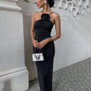 Black Floral Applique Maxi Dress With Sleeveless Design - view 5