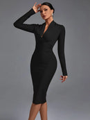 Elegant Draped Long Sleeve Midi Bandage Dress, ibuyxi.com