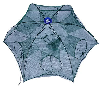 Fishing net with a blue handle on a white background