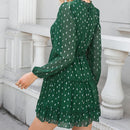 Green Speckled Print Tie Neck Chiffon Mini Dress For Women Sexy Ruffled Long Sleeve A-line Dress 2023 Spring Autumn Female Dress, ibuyxi.com