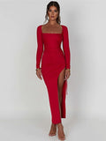 Long Sleeve Ruched High Split Maxi Bodycon Dress, ibuyxi.com